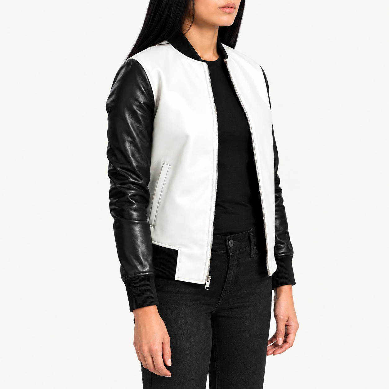 Black and White Women's Black & White Leather Bomber Jacket – Classic Two-Tone Style Gallery